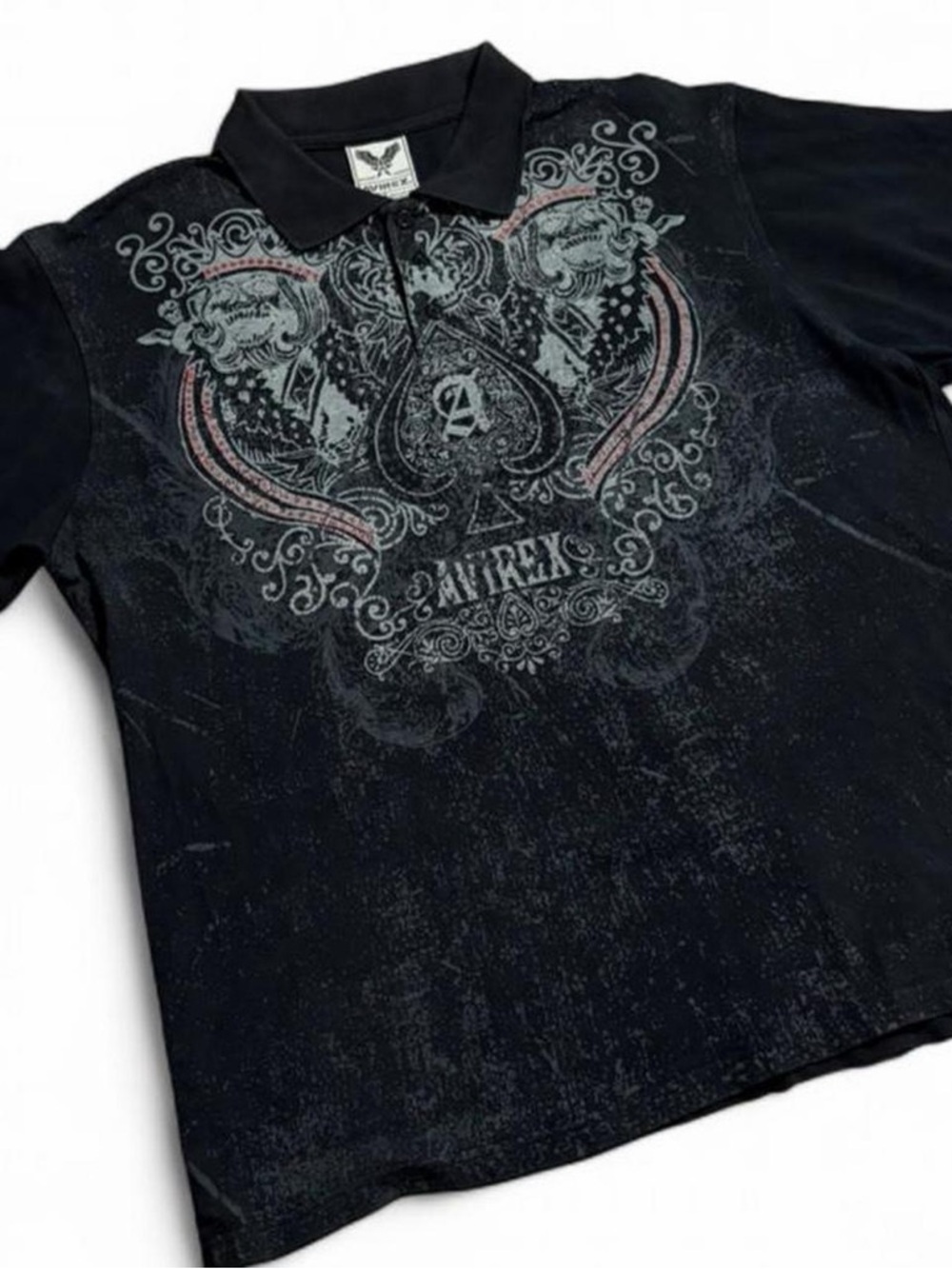 Avirex Short Sleeve Polo Shirt Size XXL Black Gothic Ace Skull Y2K Emo Graphic